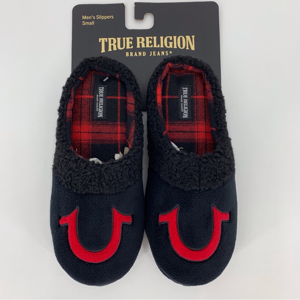 True Religion Mens' NWT Black and Red Slide Style Slippers, Small